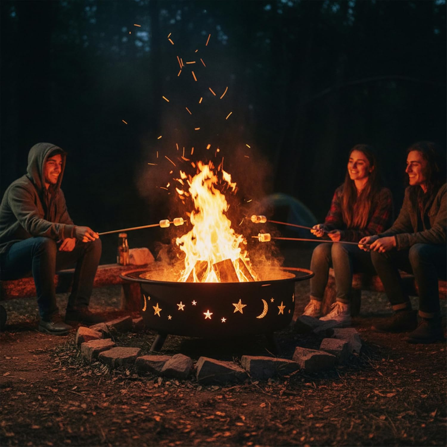Friends gathered around a wood-burning fire pit at night