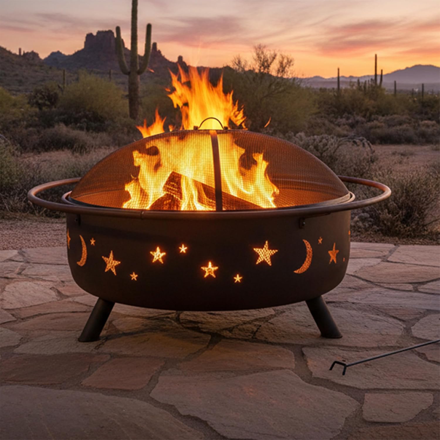 Wood fire pit glowing at sunset