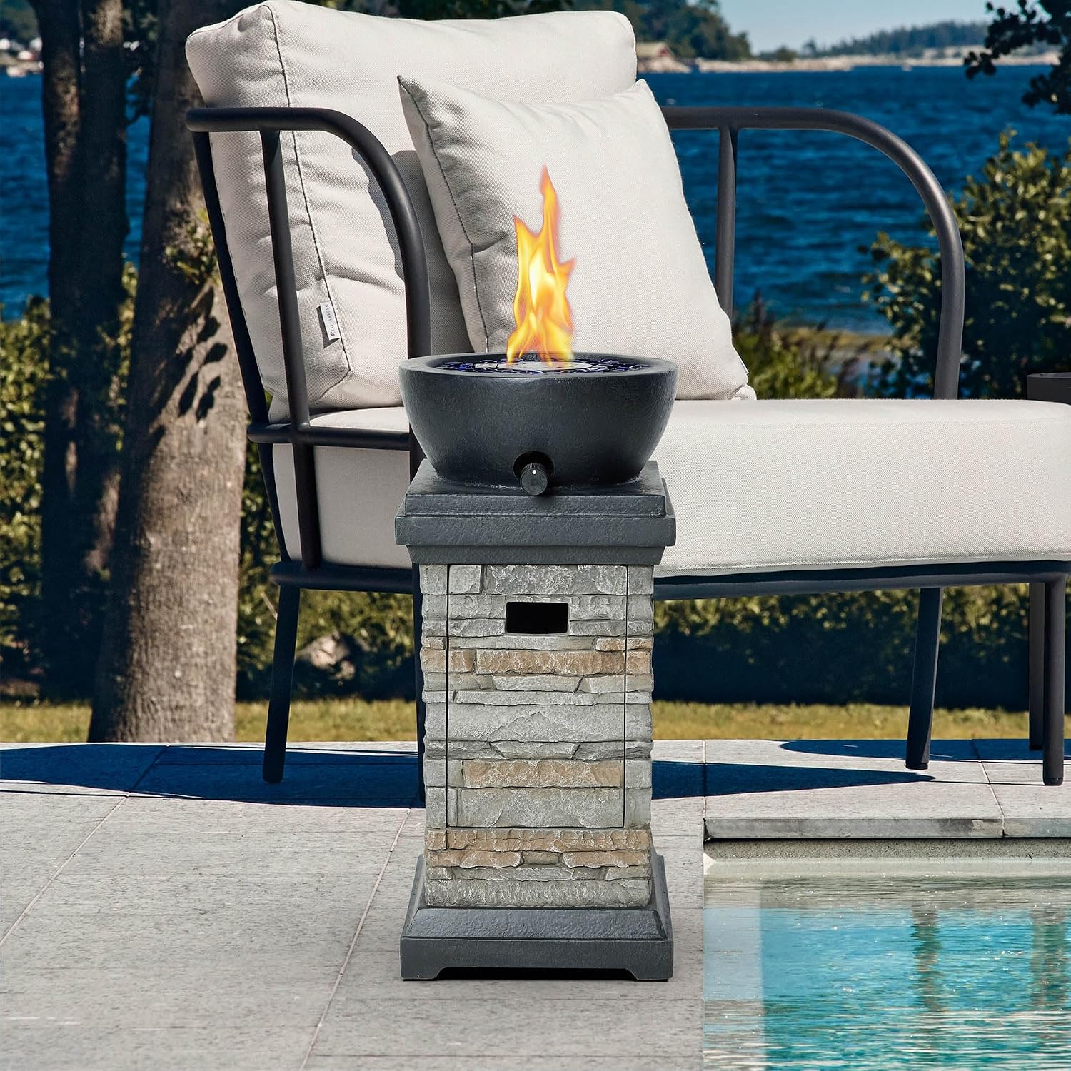 Compact propane fire bowl in an outdoor setting