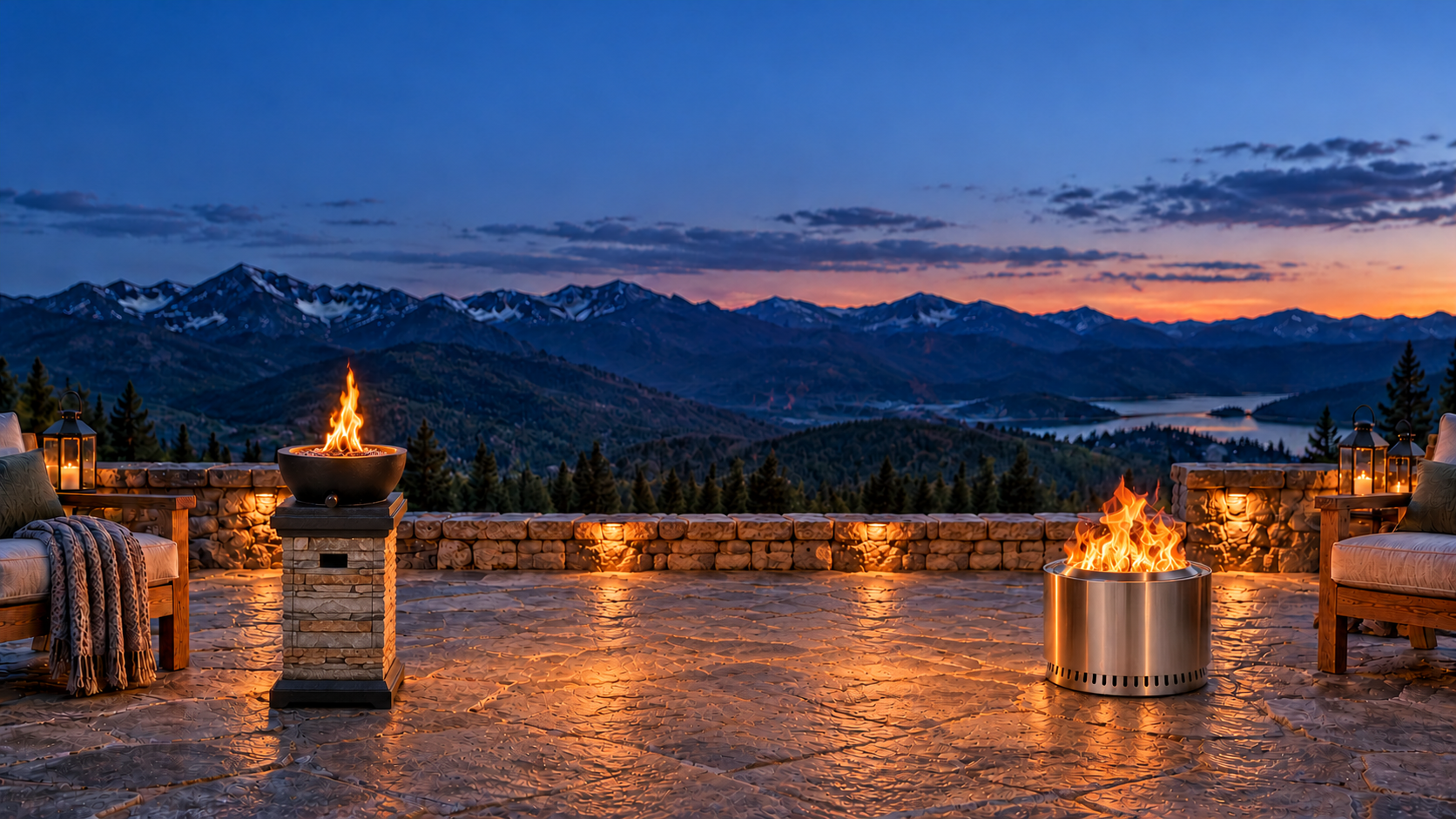 Two distinct fire pit styles placed on opposite sides of a mountain terrace at blue hour